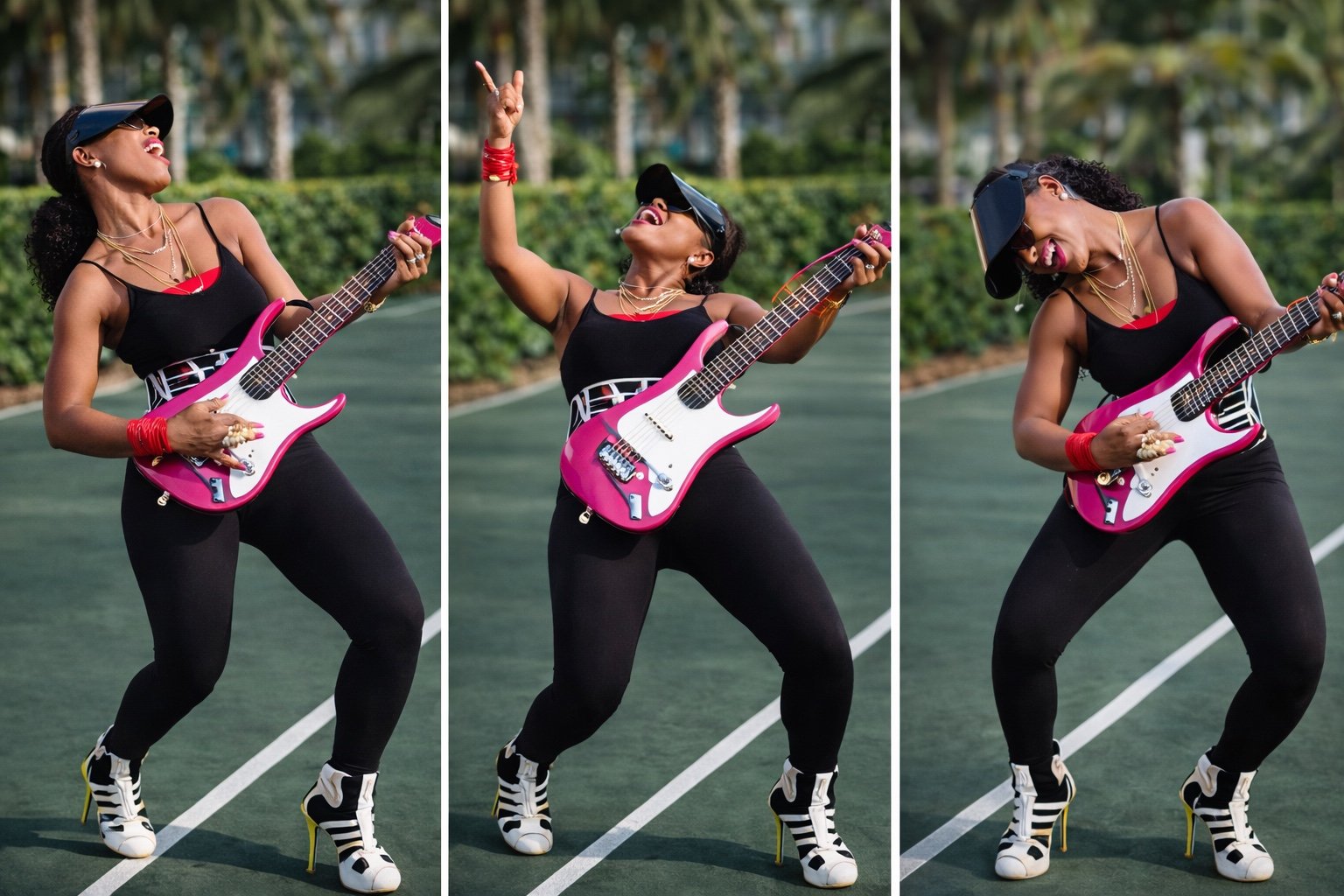 Dede Chancelor — three poses with guitar, studio editorial.